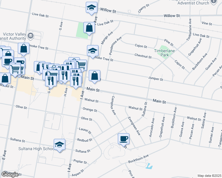map of restaurants, bars, coffee shops, grocery stores, and more near 17602 Main Street in Hesperia