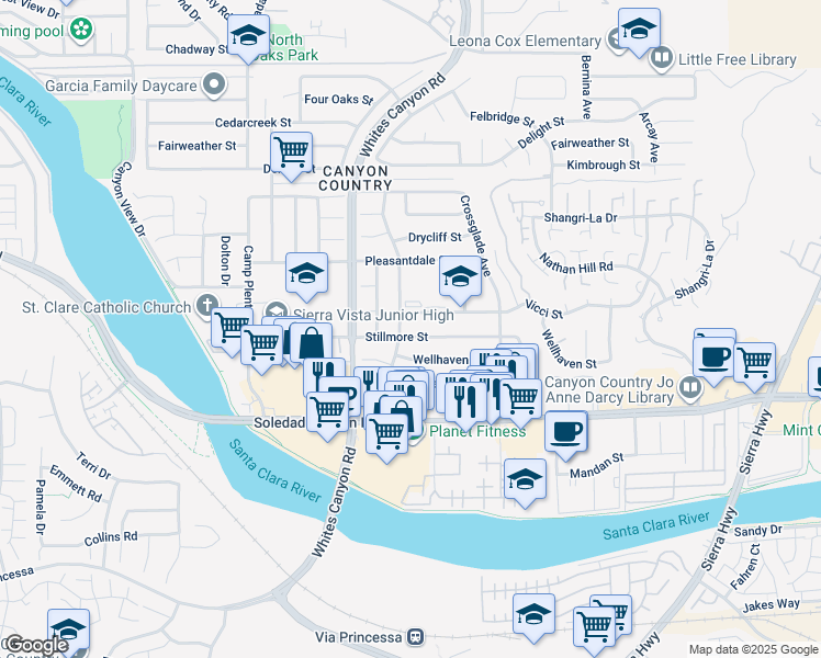 map of restaurants, bars, coffee shops, grocery stores, and more near 19137 Stillmore Street in Santa Clarita