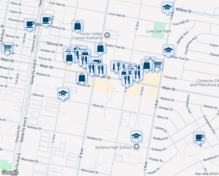map of restaurants, bars, coffee shops, grocery stores, and more near in Hesperia