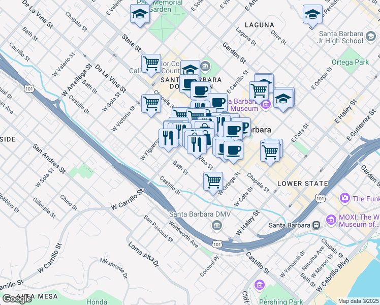 map of restaurants, bars, coffee shops, grocery stores, and more near 910 De La Vina Street in Santa Barbara