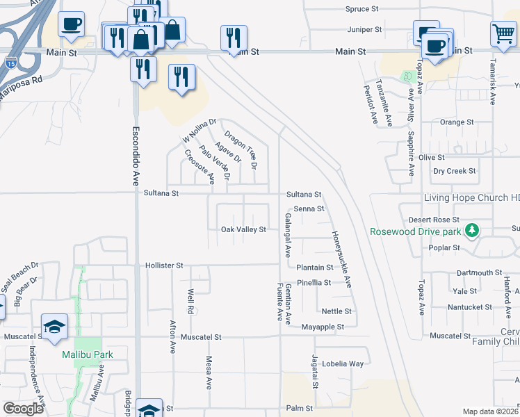 map of restaurants, bars, coffee shops, grocery stores, and more near 13616 Summit View Street in Hesperia