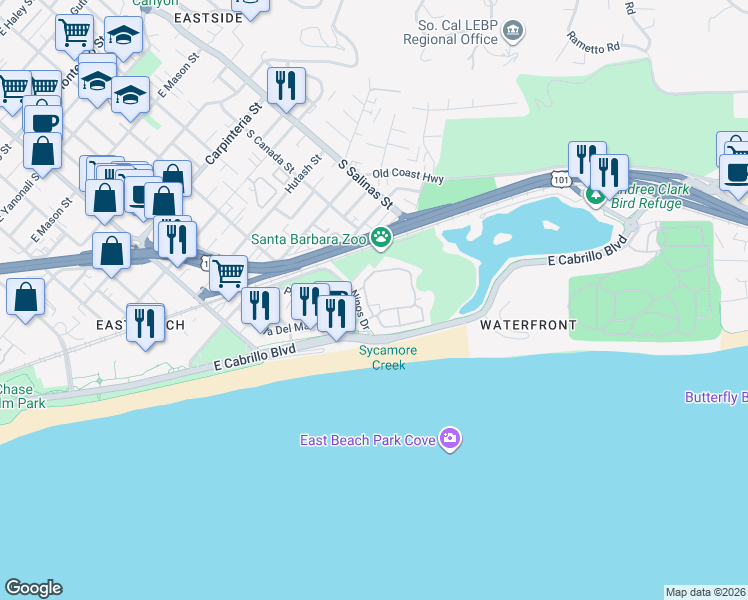 map of restaurants, bars, coffee shops, grocery stores, and more near 436 Por La Mar Circle in Santa Barbara
