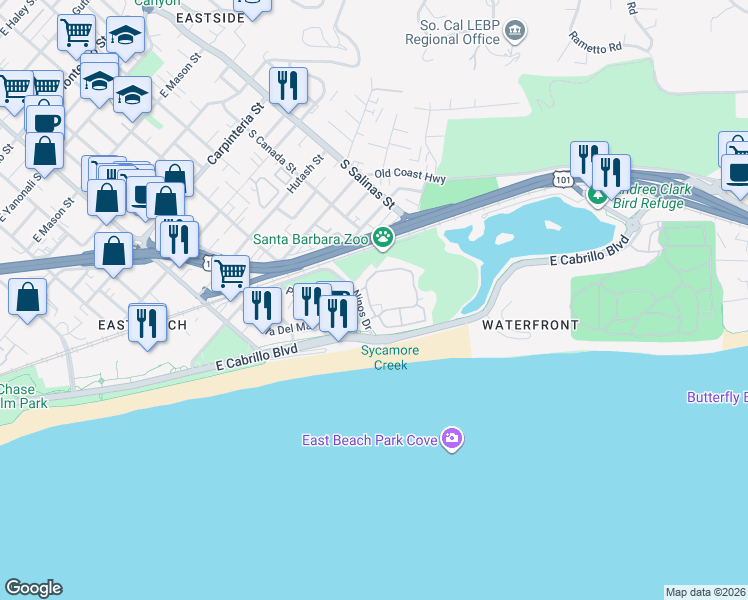 map of restaurants, bars, coffee shops, grocery stores, and more near 436 Por La Mar Circle in Santa Barbara