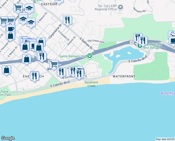 map of restaurants, bars, coffee shops, grocery stores, and more near 436 Por La Mar Circle in Santa Barbara