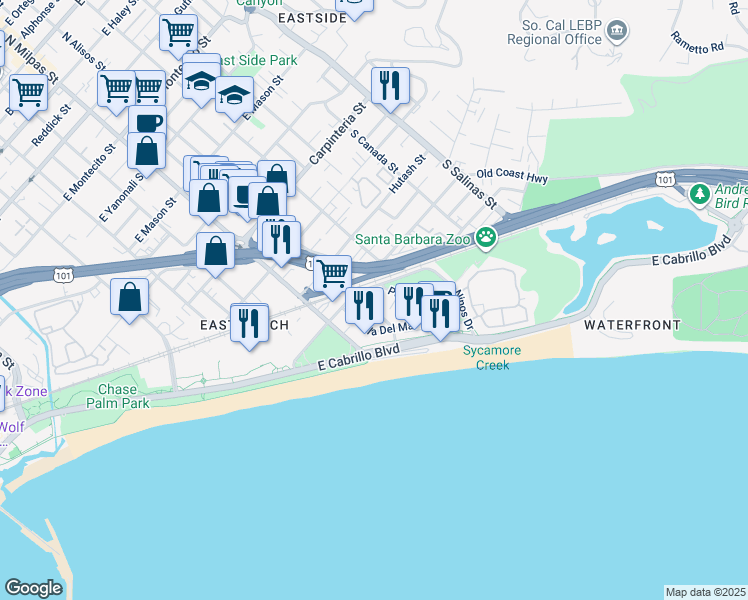 map of restaurants, bars, coffee shops, grocery stores, and more near 404 Por La Mar Drive in Santa Barbara