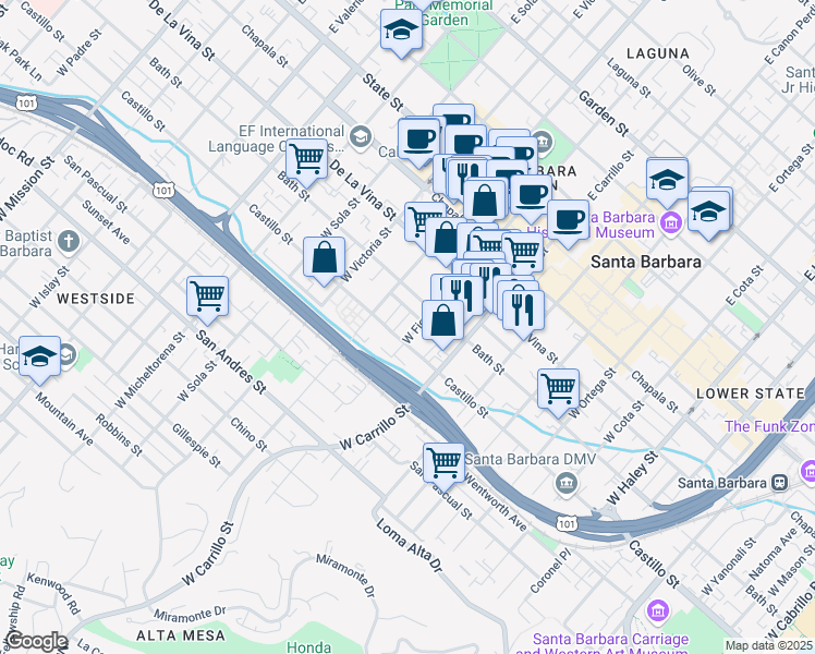 map of restaurants, bars, coffee shops, grocery stores, and more near 1111 Curley Avenue in Santa Barbara