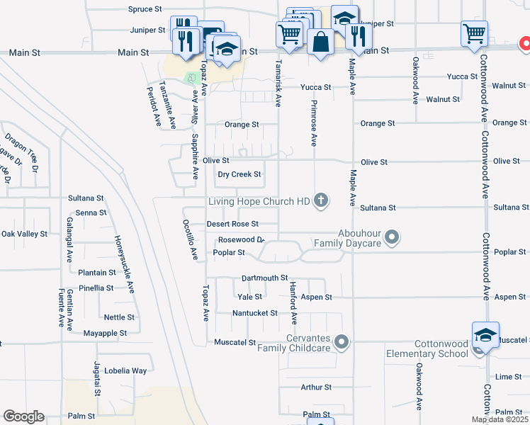 map of restaurants, bars, coffee shops, grocery stores, and more near 14279 Larkspur Street in Hesperia