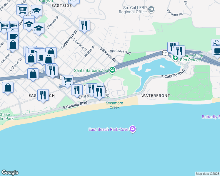 map of restaurants, bars, coffee shops, grocery stores, and more near 436 Por La Mar Circle in Santa Barbara
