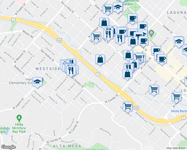 map of restaurants, bars, coffee shops, grocery stores, and more near 514 West Victoria Street in Santa Barbara