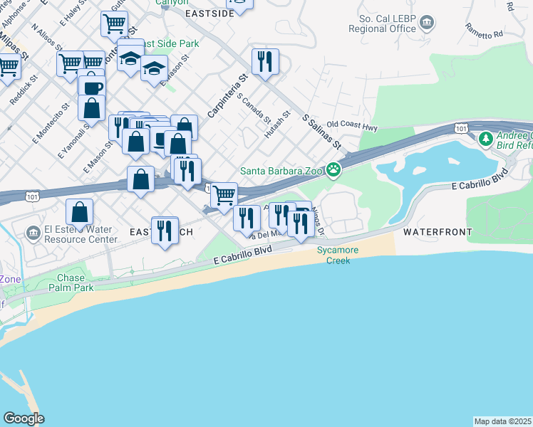 map of restaurants, bars, coffee shops, grocery stores, and more near 430 Por La Mar Drive in Santa Barbara