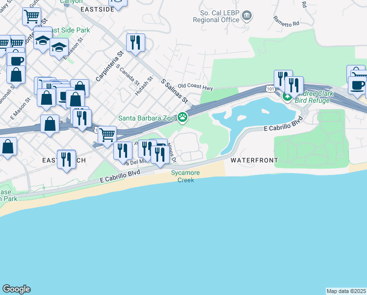 map of restaurants, bars, coffee shops, grocery stores, and more near 422 Por La Mar Circle in Santa Barbara