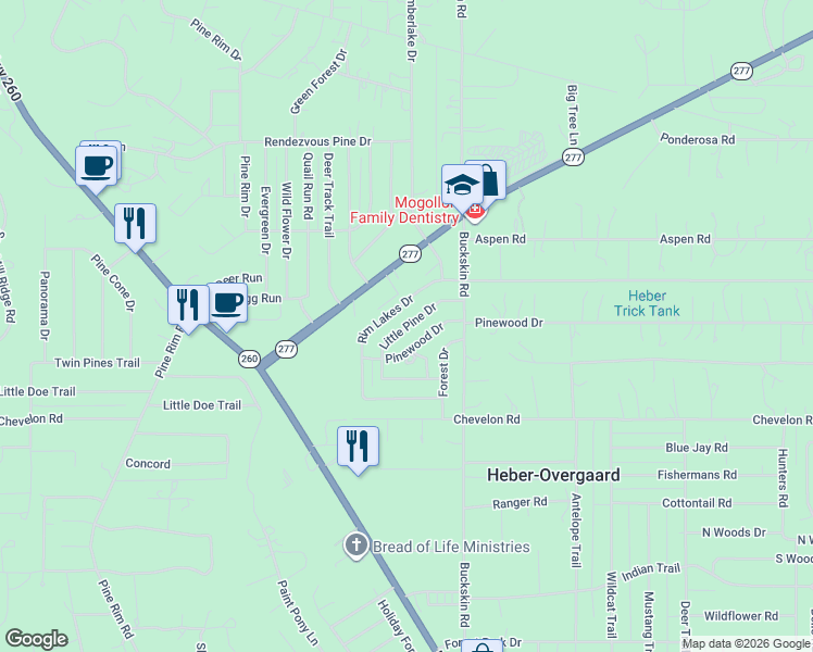 map of restaurants, bars, coffee shops, grocery stores, and more near Little Pine Drive in Heber-Overgaard