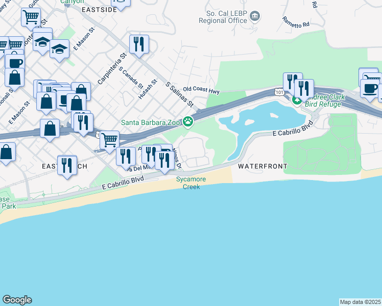 map of restaurants, bars, coffee shops, grocery stores, and more near 436 Por La Mar Circle in Santa Barbara