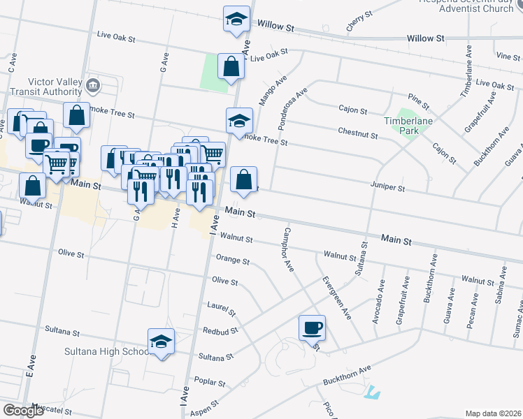 map of restaurants, bars, coffee shops, grocery stores, and more near Main Street in Hesperia