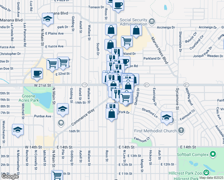 map of restaurants, bars, coffee shops, grocery stores, and more near 2000 North Prince Street in Clovis