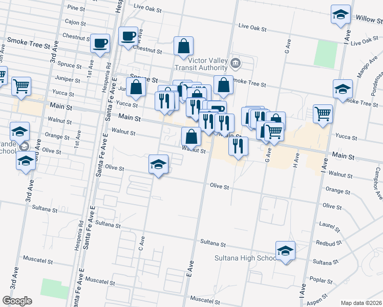 map of restaurants, bars, coffee shops, grocery stores, and more near 16937 Walnut Street in Hesperia