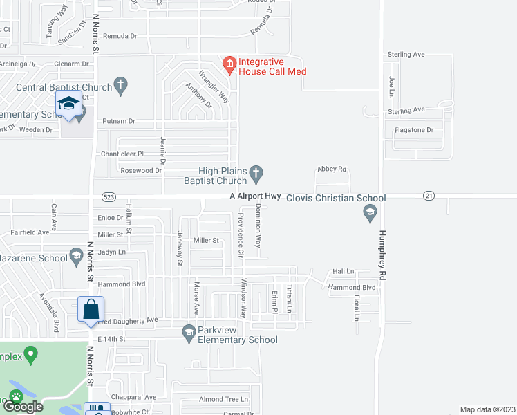 map of restaurants, bars, coffee shops, grocery stores, and more near Providence Circle in Clovis