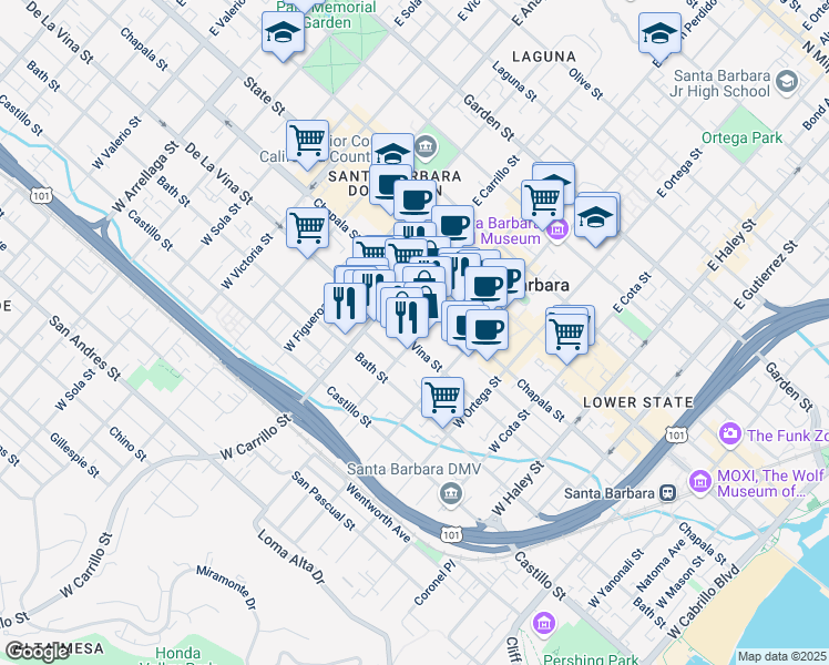 map of restaurants, bars, coffee shops, grocery stores, and more near 910 De La Vina Street in Santa Barbara