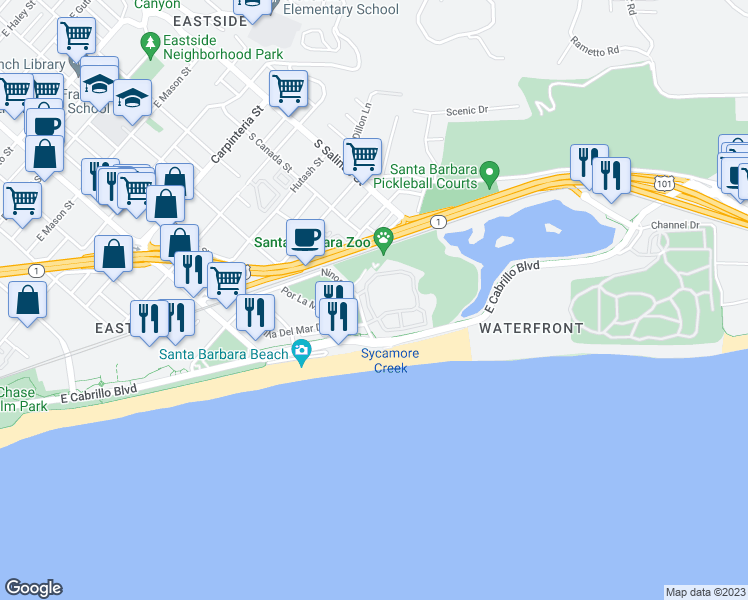 map of restaurants, bars, coffee shops, grocery stores, and more near 448 Por La Mar Circle in Santa Barbara