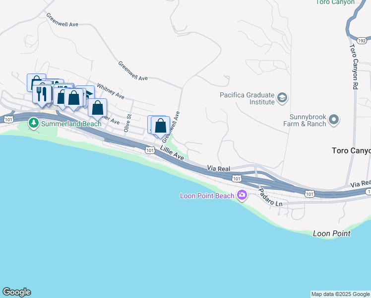 map of restaurants, bars, coffee shops, grocery stores, and more near 2627 Caspia Lane in Summerland