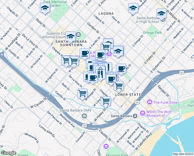 map of restaurants, bars, coffee shops, grocery stores, and more near 351 State Street in Santa Barbara