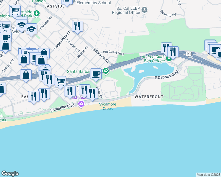 map of restaurants, bars, coffee shops, grocery stores, and more near 436 Por La Mar Circle in Santa Barbara