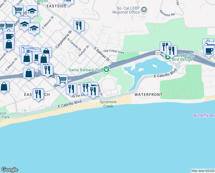 map of restaurants, bars, coffee shops, grocery stores, and more near 436 Por La Mar Circle in Santa Barbara