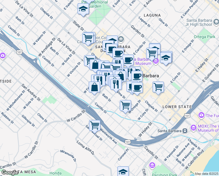map of restaurants, bars, coffee shops, grocery stores, and more near 211 West Carrillo Street in Santa Barbara