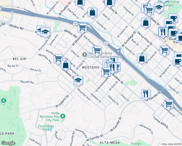 map of restaurants, bars, coffee shops, grocery stores, and more near 1621 Chino Street in Santa Barbara