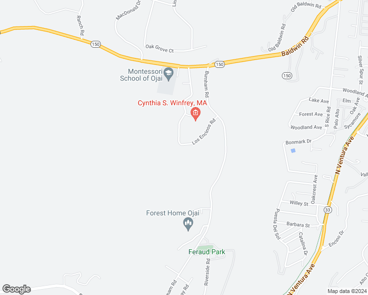map of restaurants, bars, coffee shops, grocery stores, and more near 2243 Los Encinos Road in Ojai