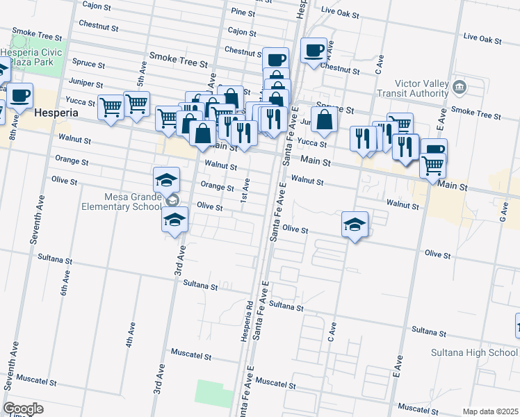 map of restaurants, bars, coffee shops, grocery stores, and more near 16484 Olive Street in Hesperia