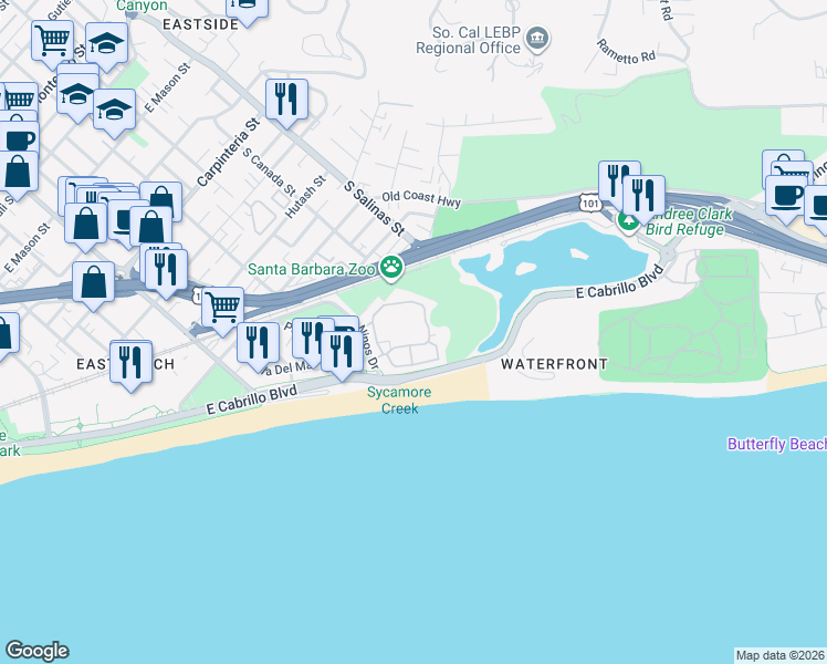 map of restaurants, bars, coffee shops, grocery stores, and more near 334 Por La Mar Circle in Santa Barbara