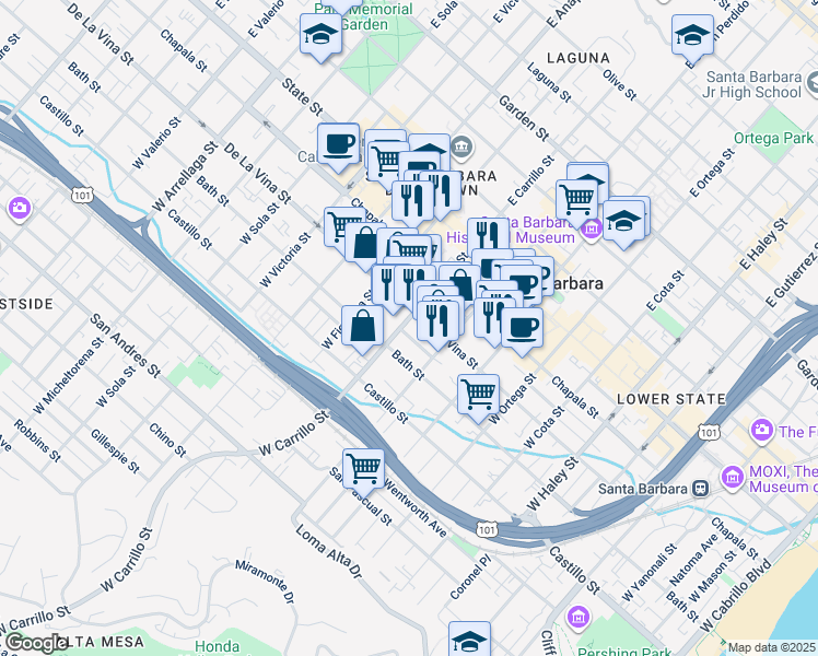 map of restaurants, bars, coffee shops, grocery stores, and more near 211 West Carrillo Street in Santa Barbara