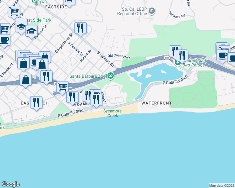 map of restaurants, bars, coffee shops, grocery stores, and more near 310 Por La Mar Circle in Santa Barbara