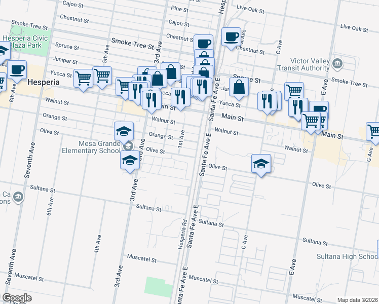 map of restaurants, bars, coffee shops, grocery stores, and more near 16476 Olive Street in Hesperia