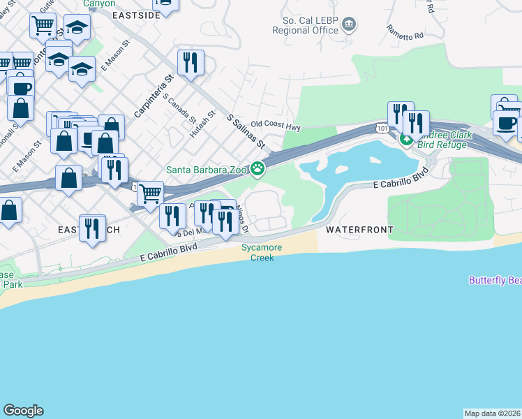map of restaurants, bars, coffee shops, grocery stores, and more near 436 Por La Mar Circle in Santa Barbara