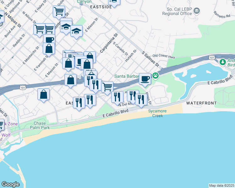 map of restaurants, bars, coffee shops, grocery stores, and more near 404 Por La Mar Drive in Santa Barbara