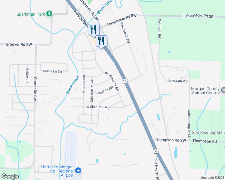 map of restaurants, bars, coffee shops, grocery stores, and more near 300 Sunset Street Southwest in Hartselle