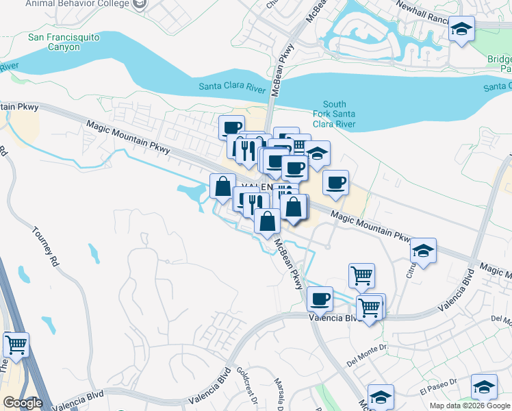 map of restaurants, bars, coffee shops, grocery stores, and more near in Santa Clarita