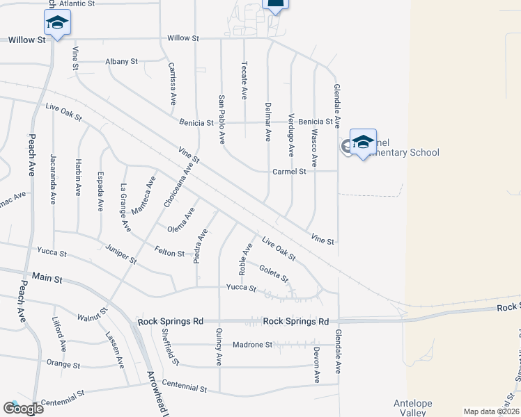 map of restaurants, bars, coffee shops, grocery stores, and more near 19085 Vine Street in Hesperia