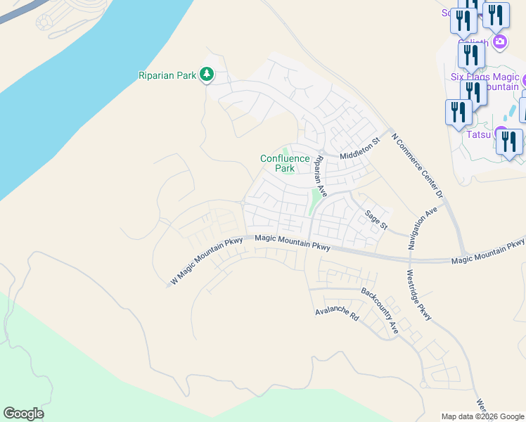 map of restaurants, bars, coffee shops, grocery stores, and more near 25900 Feedmill Road in Los Angeles County