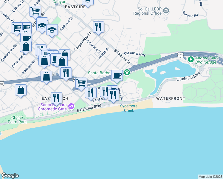 map of restaurants, bars, coffee shops, grocery stores, and more near 501 Ninos Drive in Santa Barbara