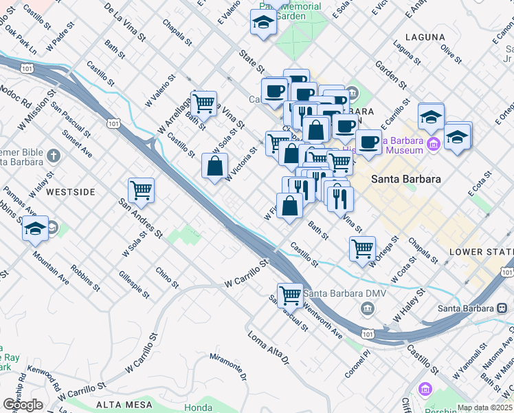 map of restaurants, bars, coffee shops, grocery stores, and more near 1111 Curley Avenue in Santa Barbara