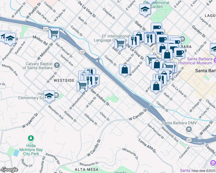 map of restaurants, bars, coffee shops, grocery stores, and more near 1334 San Pascual Street in Santa Barbara