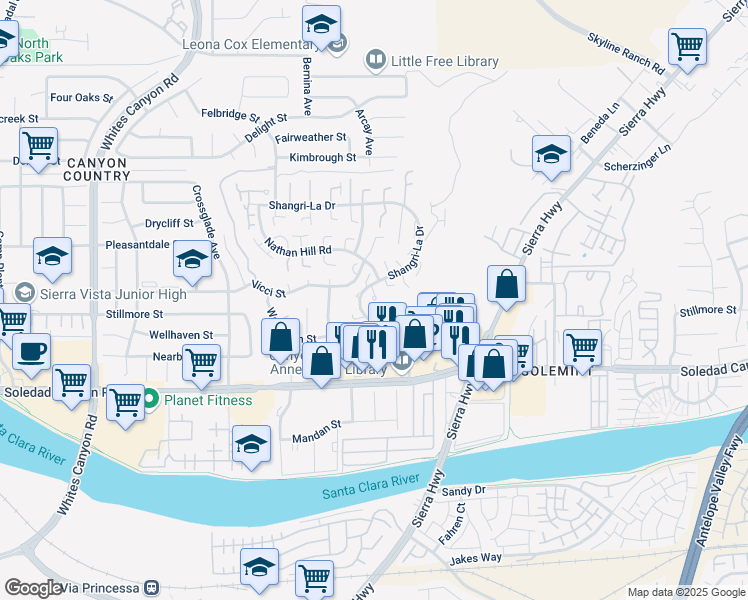 map of restaurants, bars, coffee shops, grocery stores, and more near 18506 More Court in Santa Clarita