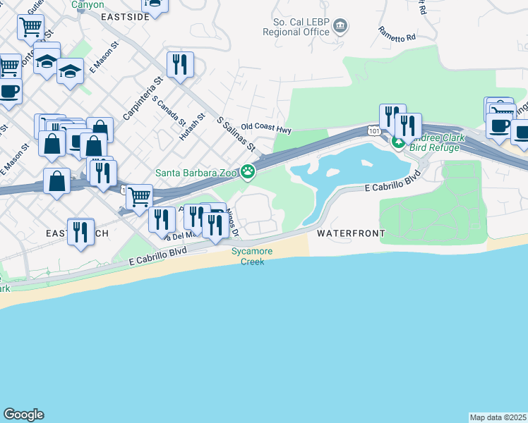 map of restaurants, bars, coffee shops, grocery stores, and more near 349 Por La Mar Circle in Santa Barbara