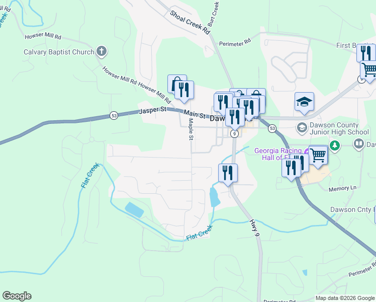 map of restaurants, bars, coffee shops, grocery stores, and more near 184 Maple Street in Dawsonville