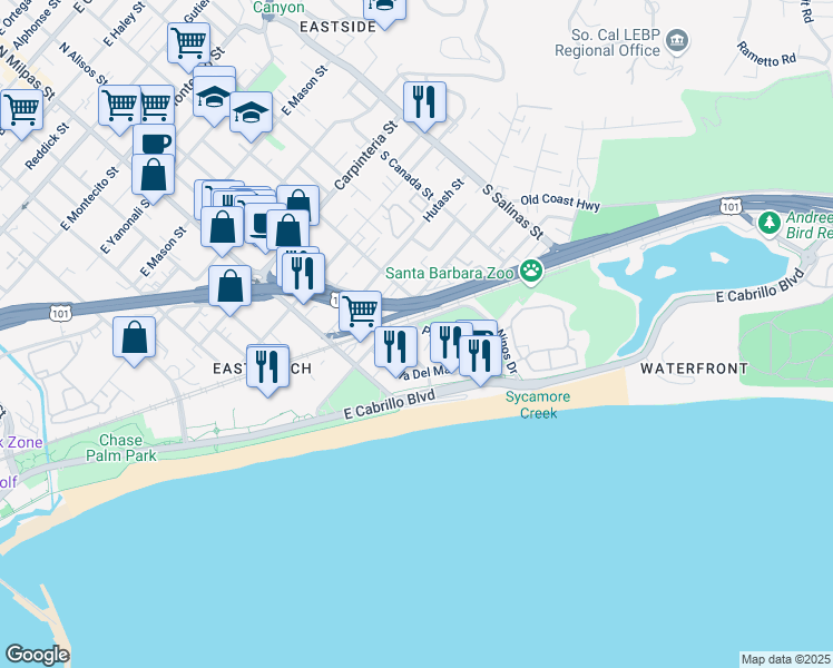 map of restaurants, bars, coffee shops, grocery stores, and more near 404 Por La Mar Drive in Santa Barbara