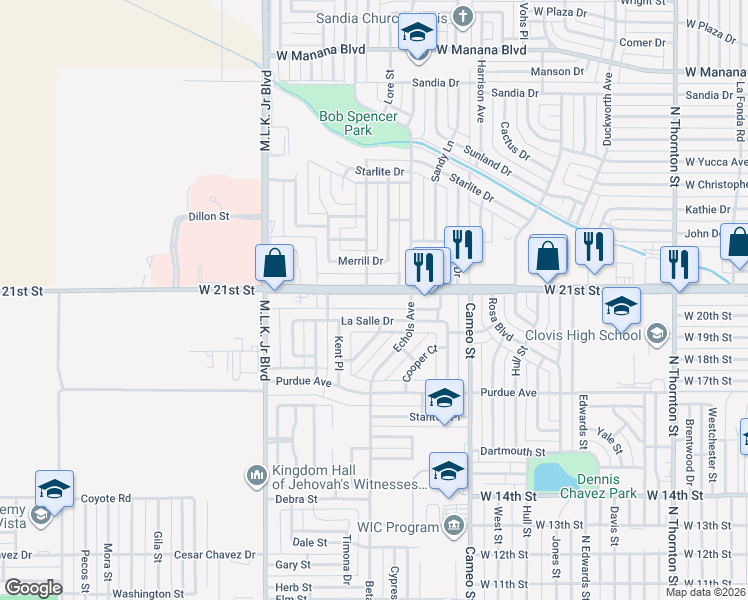 map of restaurants, bars, coffee shops, grocery stores, and more near 1833 W 21st St in Clovis
