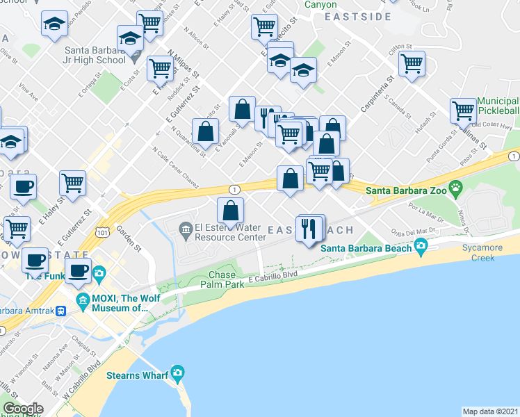 map of restaurants, bars, coffee shops, grocery stores, and more near 24 South Quarantina Street in Santa Barbara